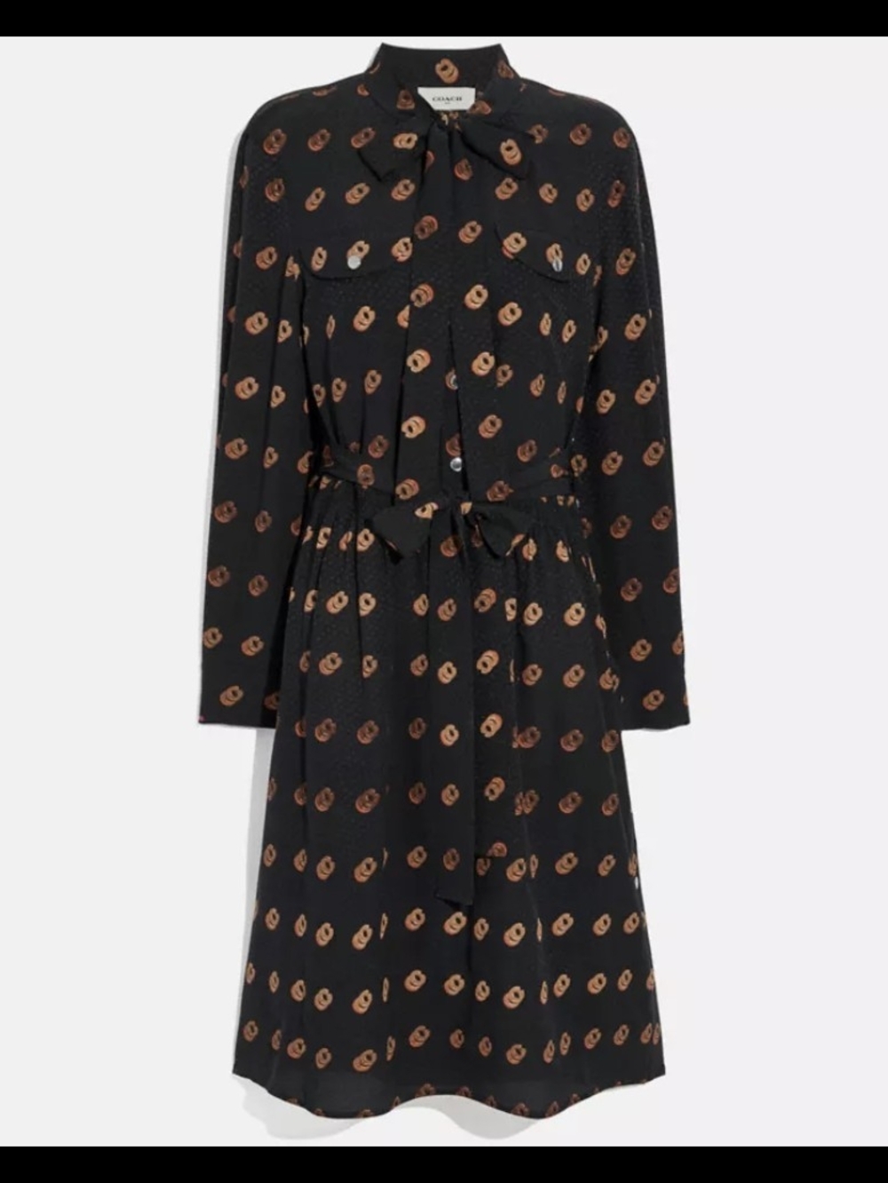 Coach Women's Print Tie Neck Dress, Silk, Black With Gold Logo, Size 00